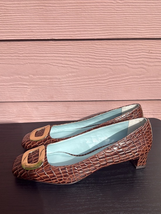 Frances Valentine Croc-Embossed Brown Pumps with Gold Buckles main image 3
